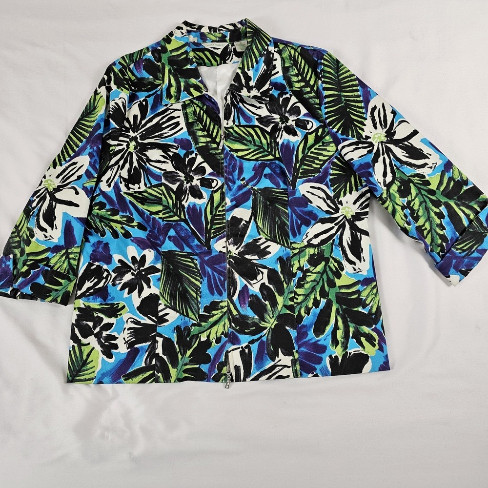 Laura‎ Ashley Jacket Blue Black Tropical Floral Zip Front Hawaiian Size XL